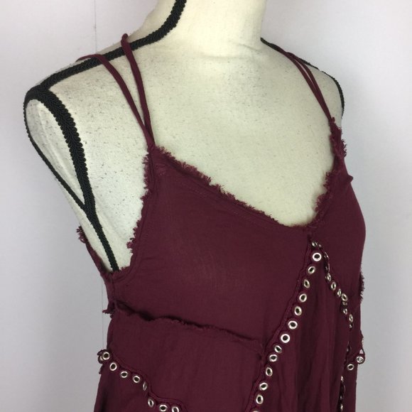 Free People Slip Dress Sz M Red Burgundy Trapeze V-Neck Studded Cross Ba… - Picture 8 of 16